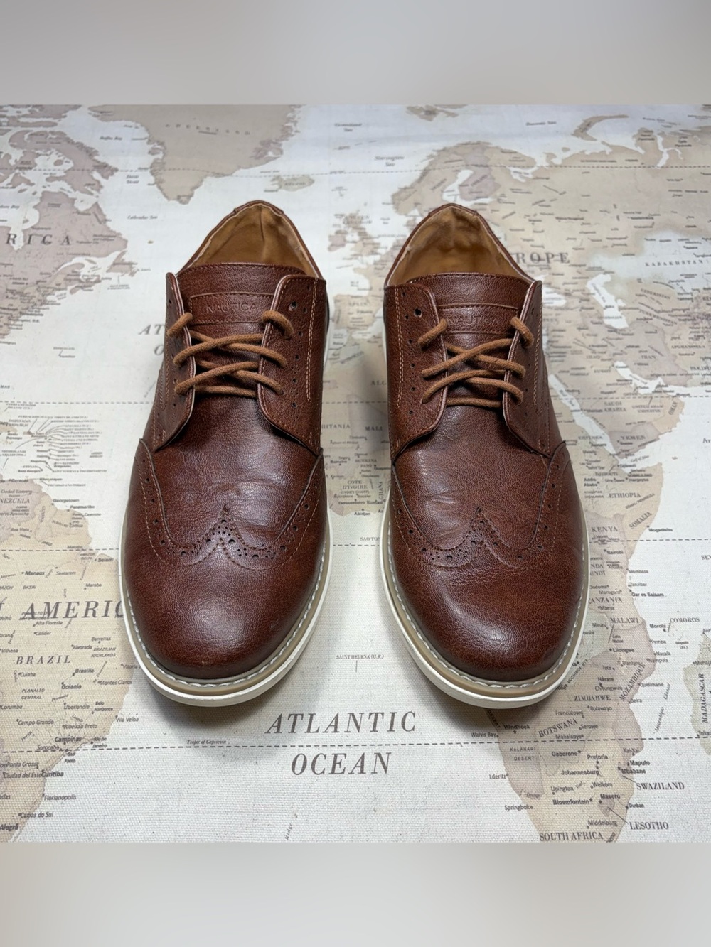 Mens Oxford Shoes Nautica Wingdeck 2 Sz 10.5 Brown Faux Leather Rubber Soles